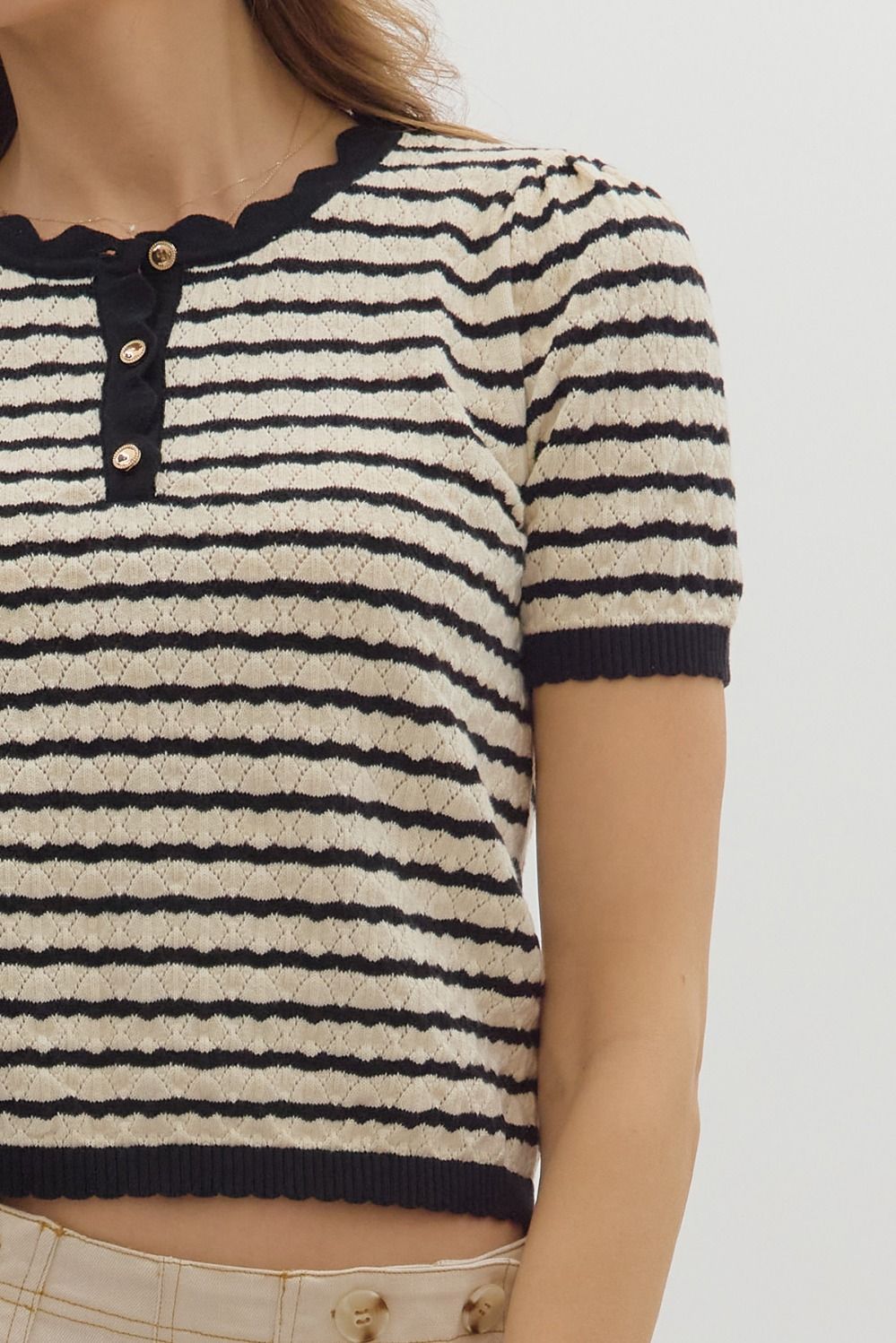 Black Stripe Pointelle Knit Top