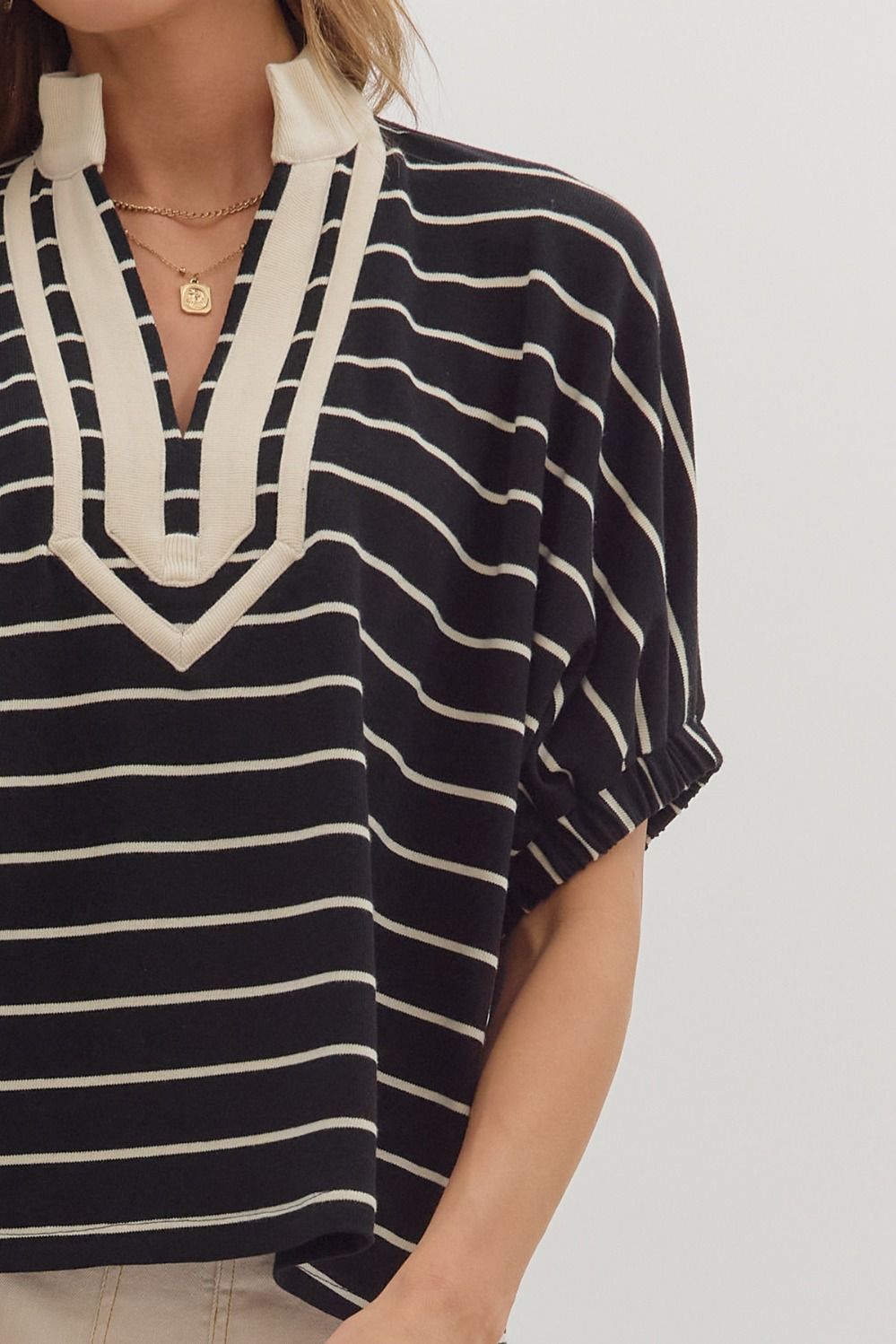 Black Stripe Dolman V-Neck Top