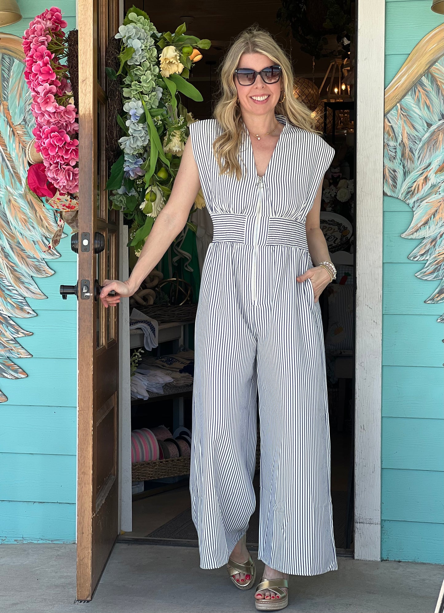 White and Navy Stripe Zipper Jumpsuit