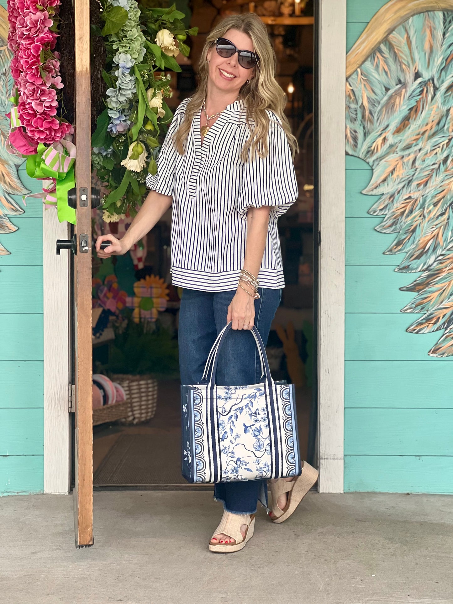 Navy Striped Bubble Sleeve Top