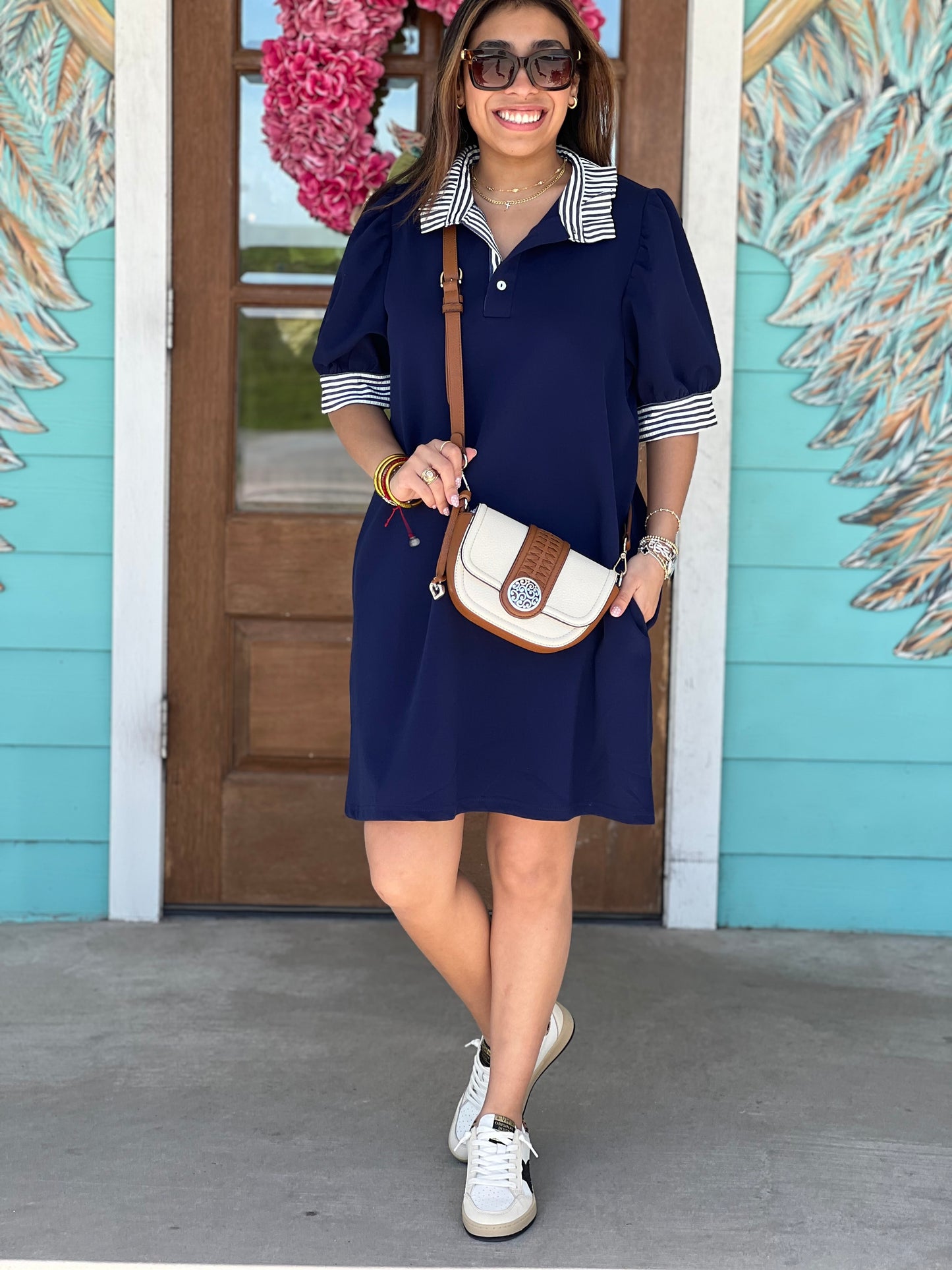 Navy Dress w/Stripe Collar Sleeve Detail