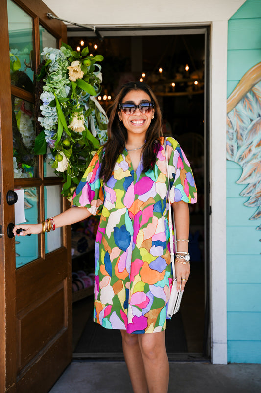 Bold Watercolor Puff Sleeve Dress