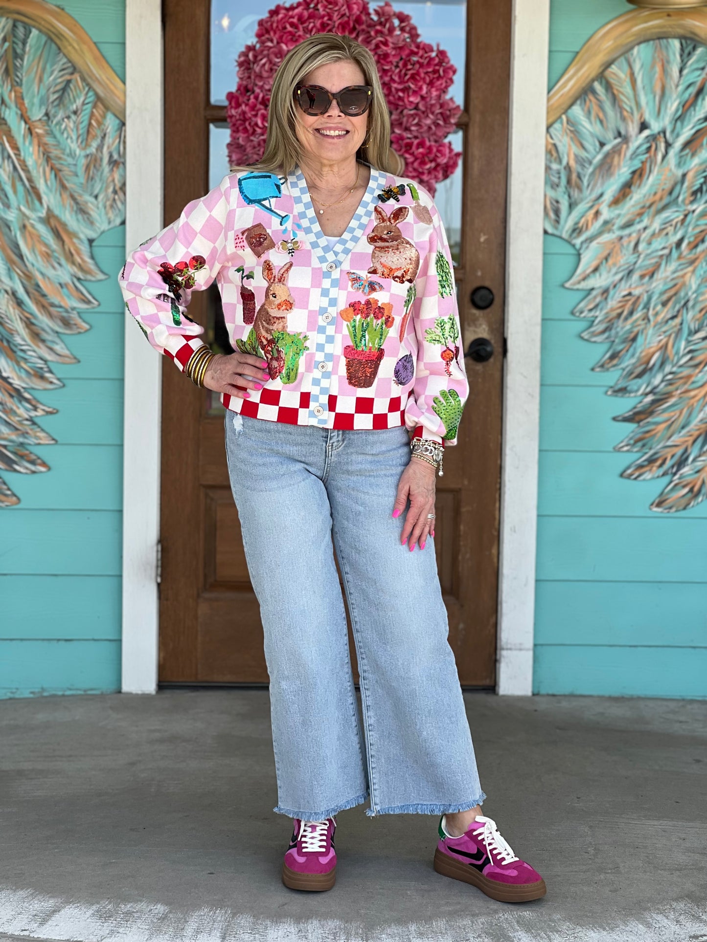 Queen of Sparkles Pink Checkered Bunny Cardigan