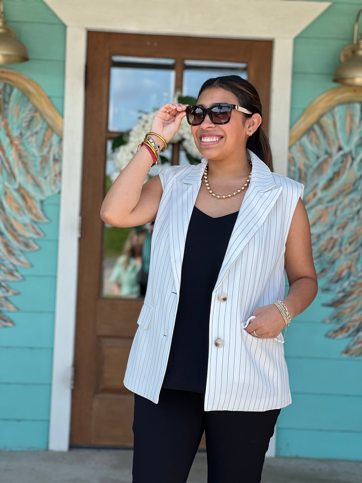 White Striped Notched Collar Vest
