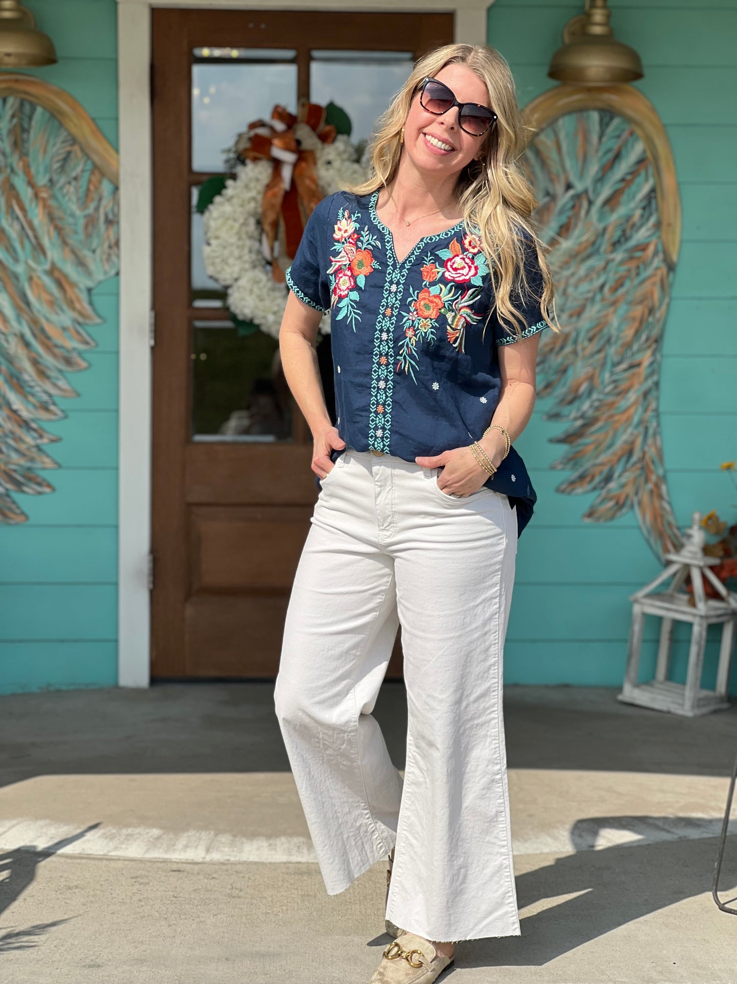 Navy Embroidered Linen Heather Top