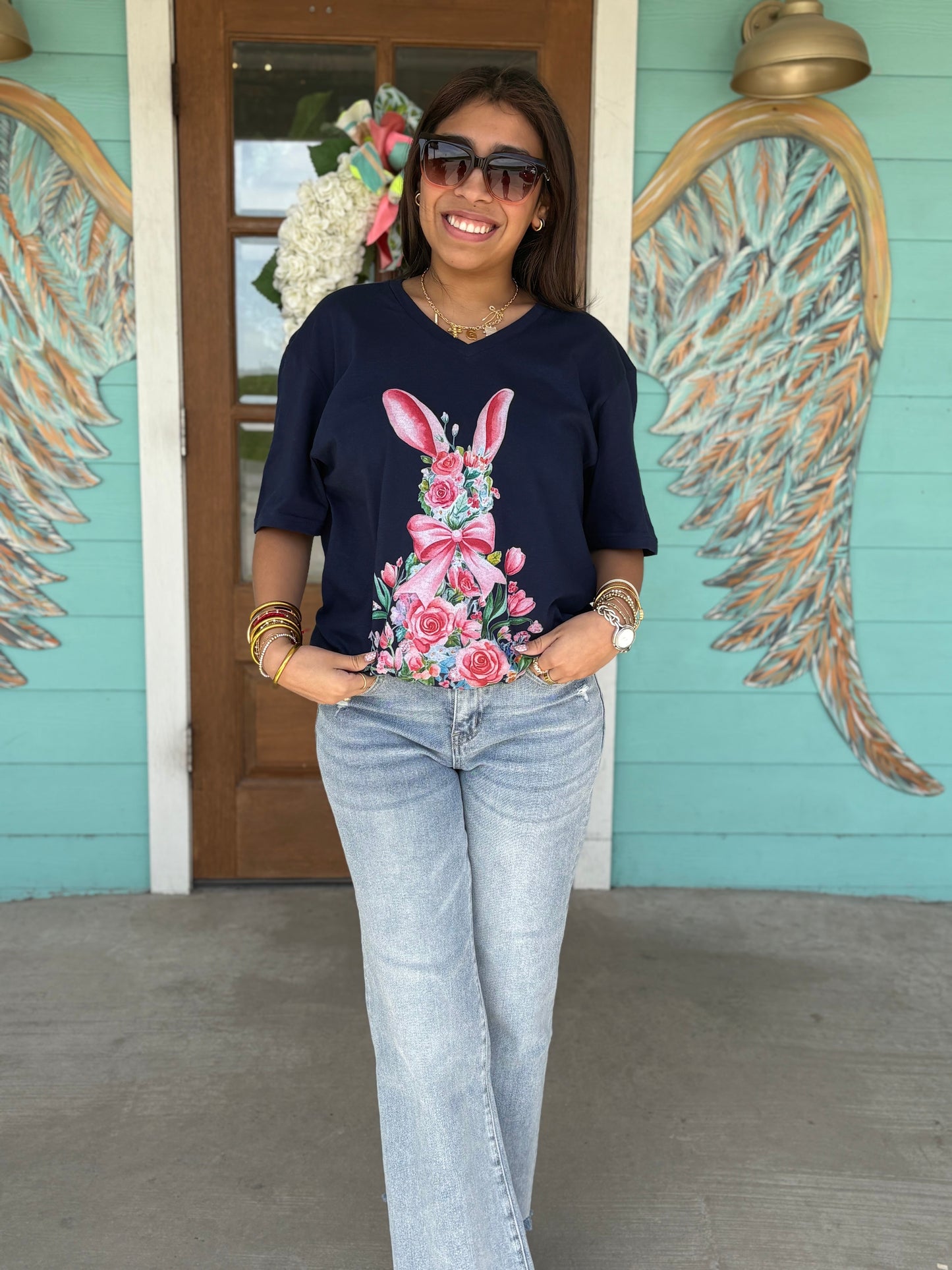 Navy Floral Bunny w/ Bow Tee