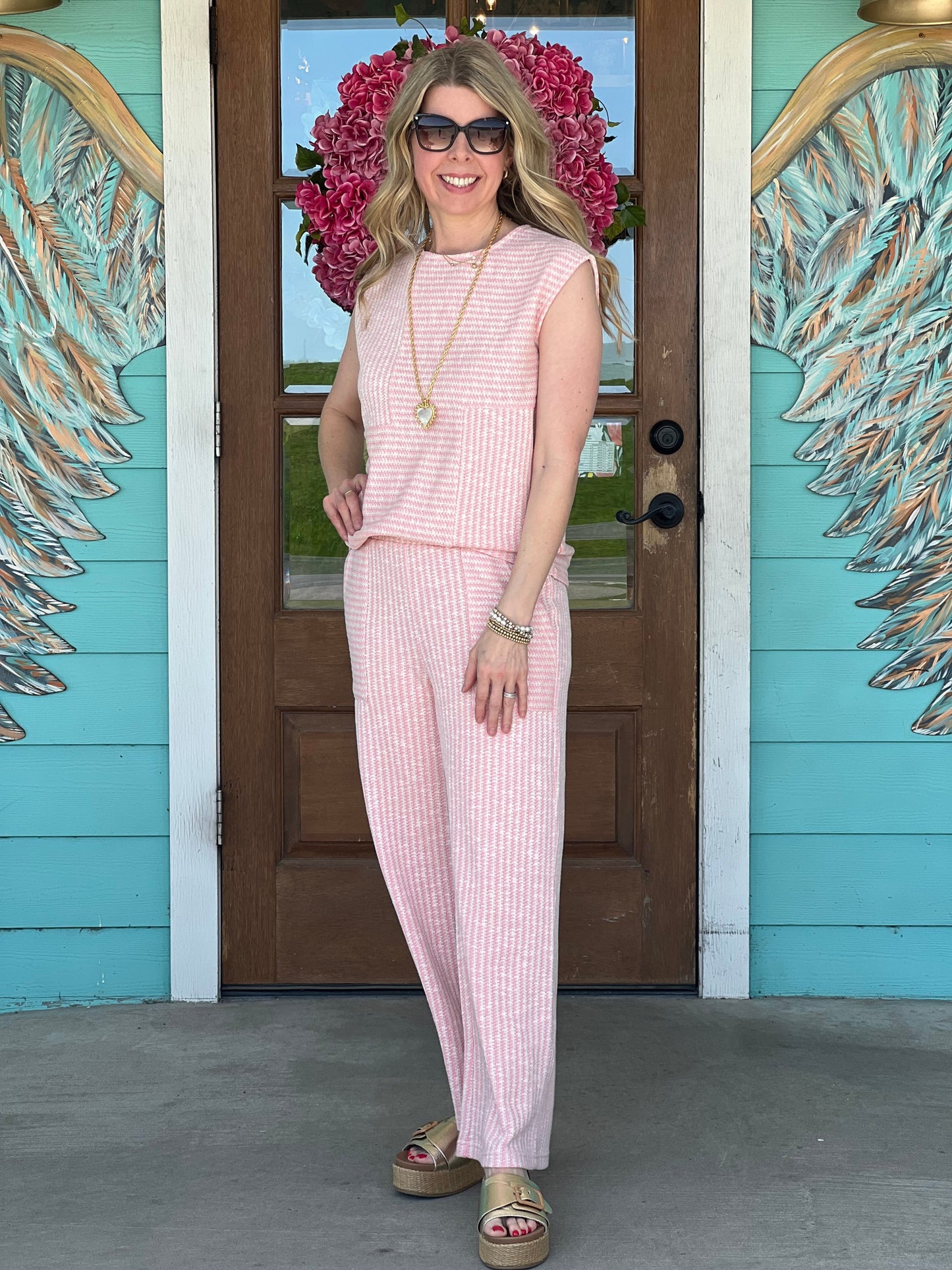 Pink & White Textured Knit Pants