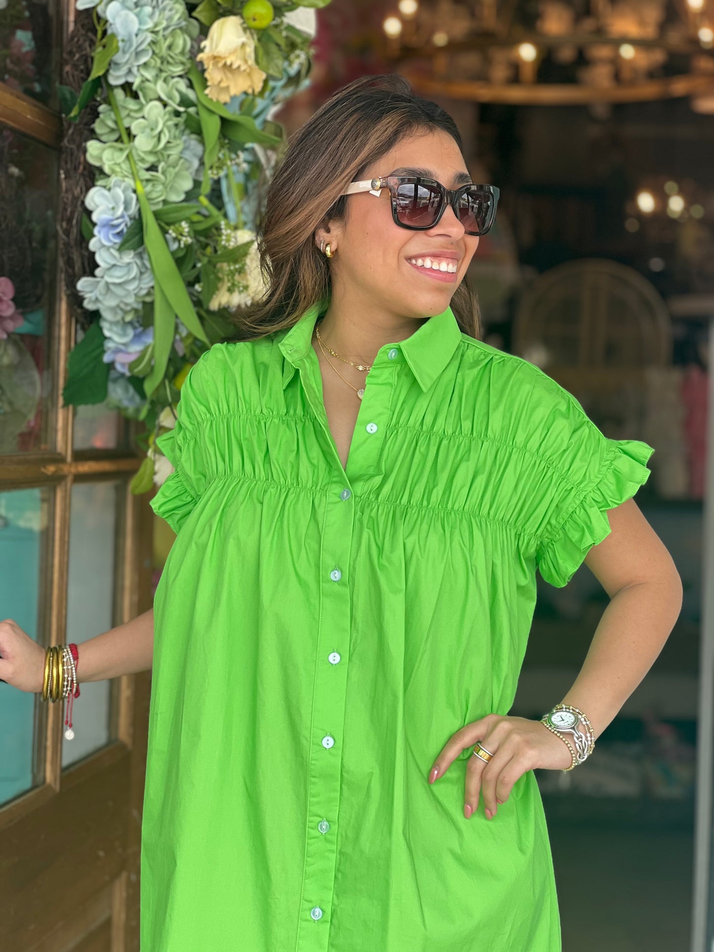 Abigail GREEN Woven Button Down Dress