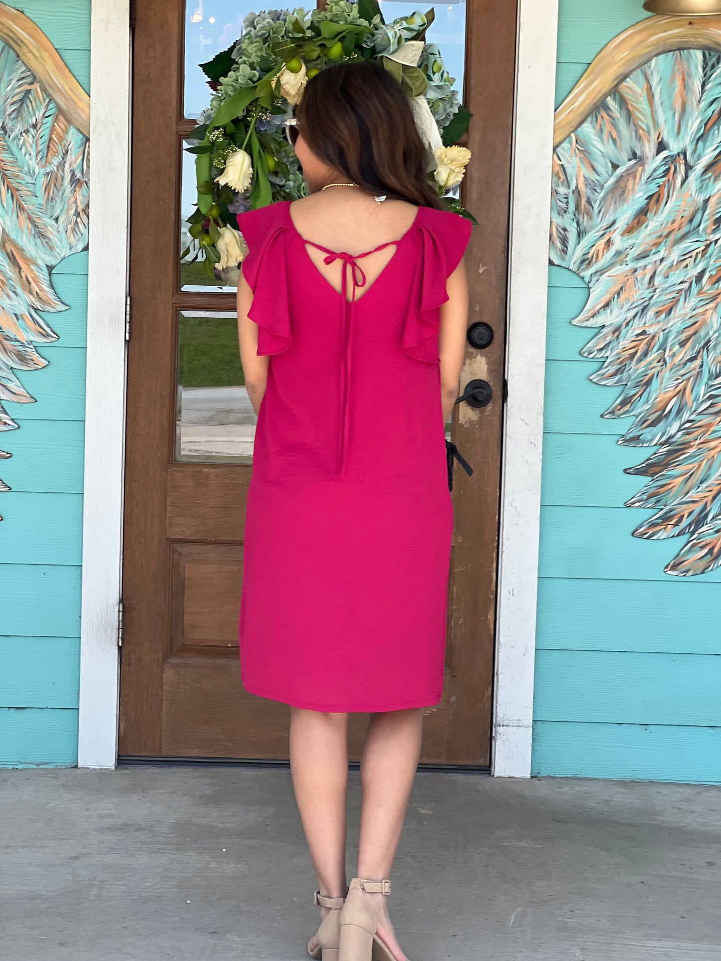 Raspberry Flutter Sleeve Dress