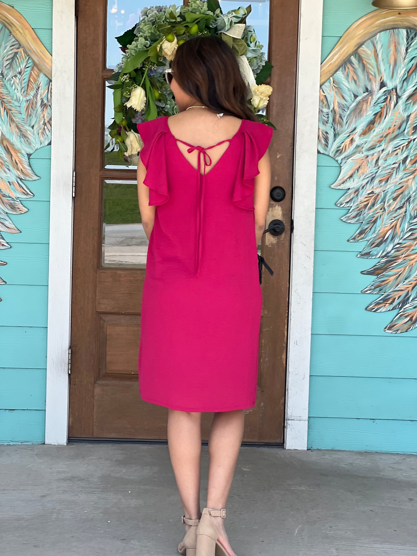 Raspberry Flutter Sleeve Dress