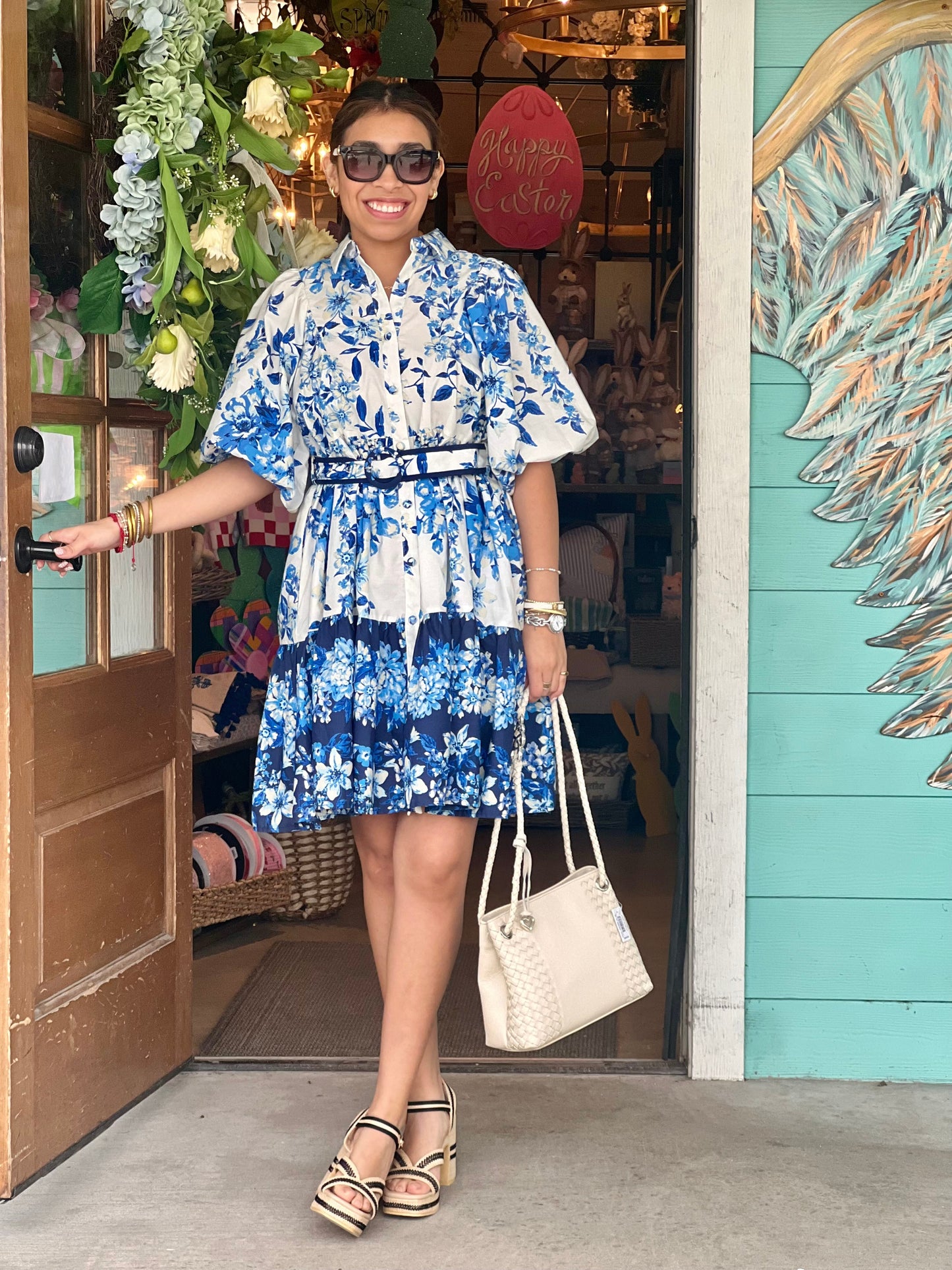 Blue & White Floral Print Dress