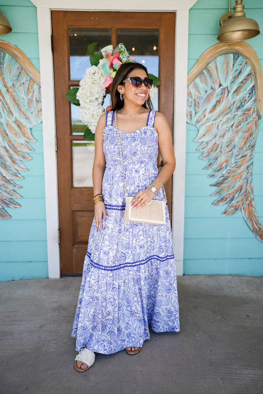 Blue Smocked Tiered Maxi Dress