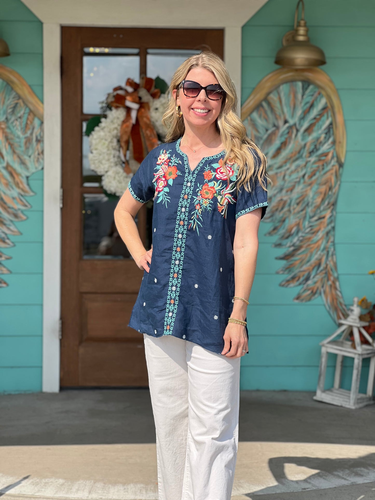 Navy Embroidered Linen Heather Top