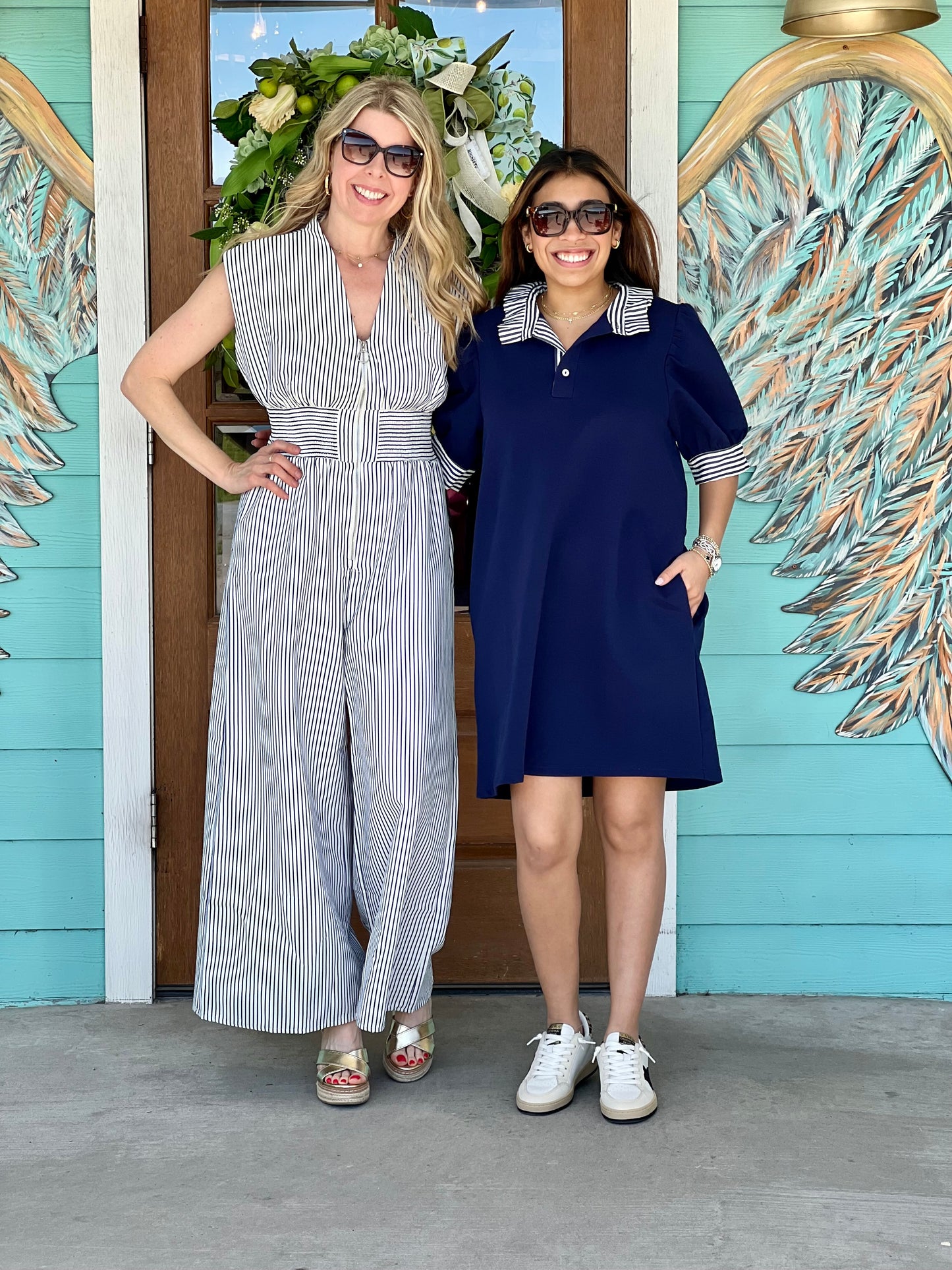 White and Navy Stripe Zipper Jumpsuit