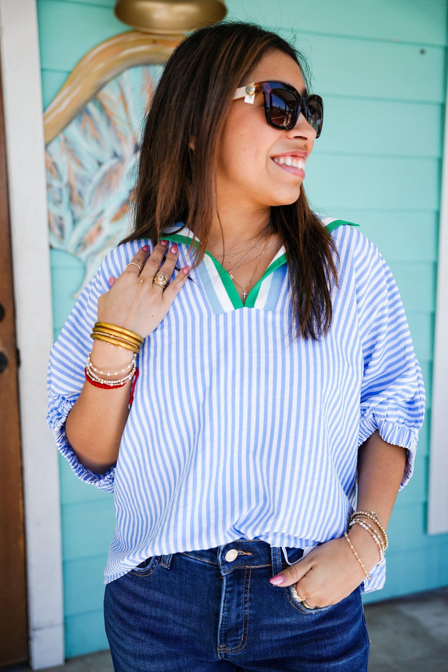 Blue Stripe Dolman Contrast CollarTop