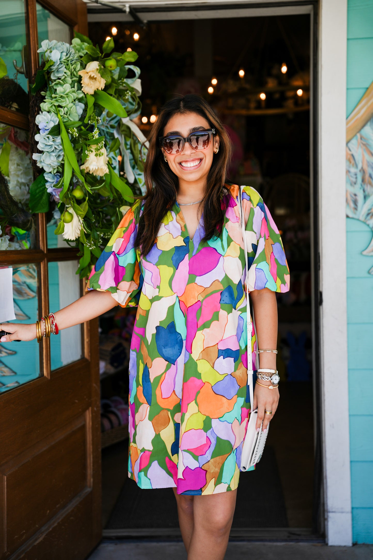 Bold Watercolor Puff Sleeve Dress