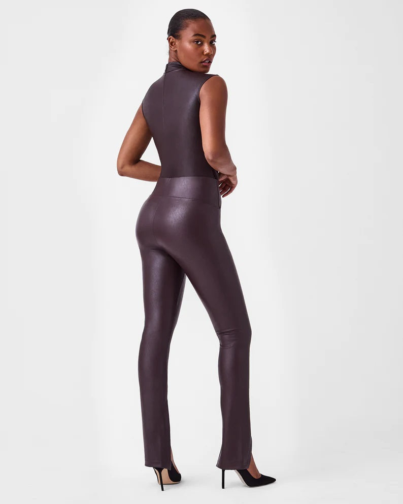 Spanx Chocolate Faux Leather Mock Neck Bodysuit