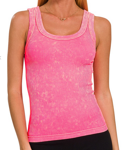 Coral Fuchsia 2 WAY NECKLINE RIBBED TANK TOP