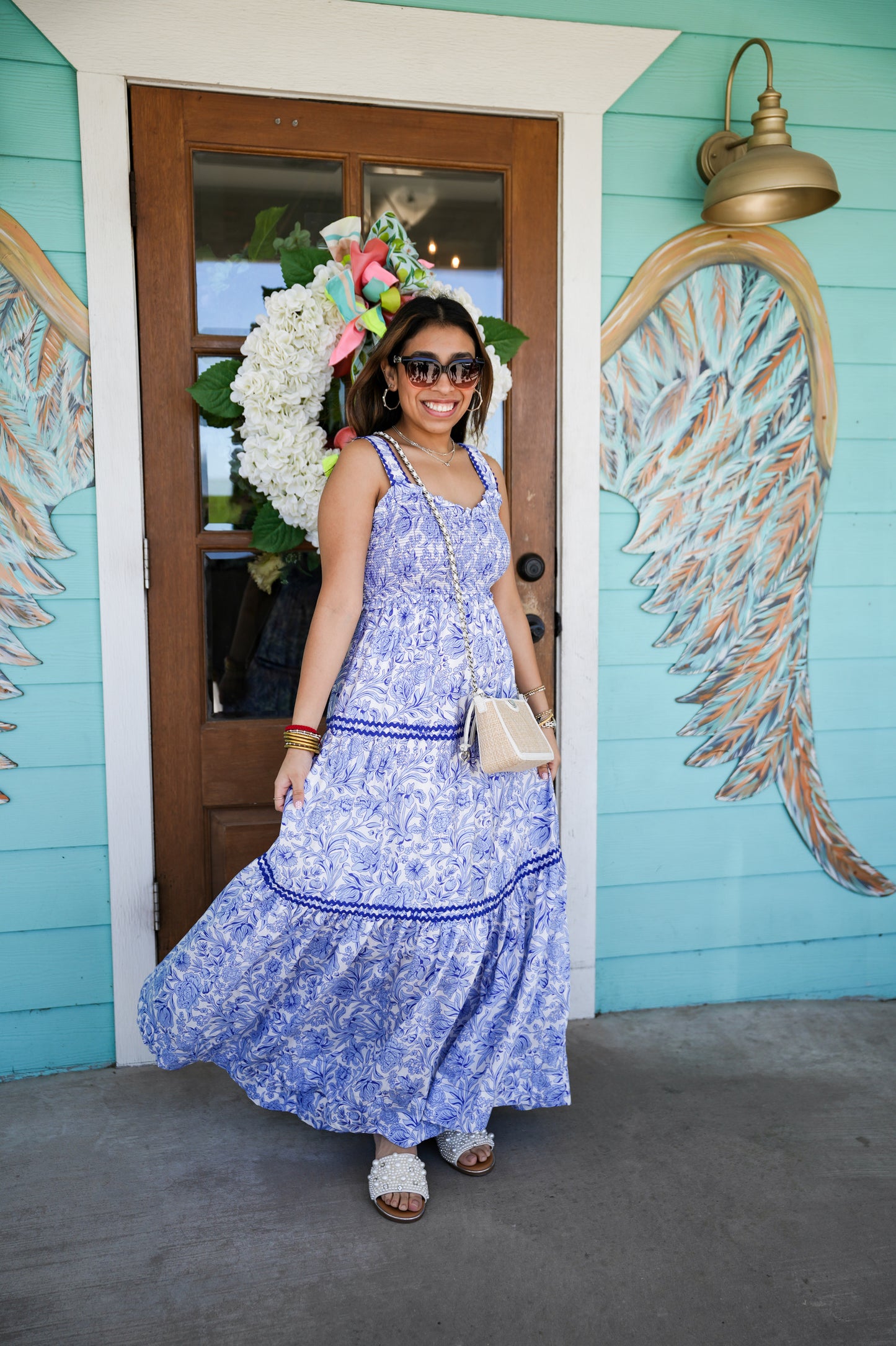 Blue Smocked Tiered Maxi Dress