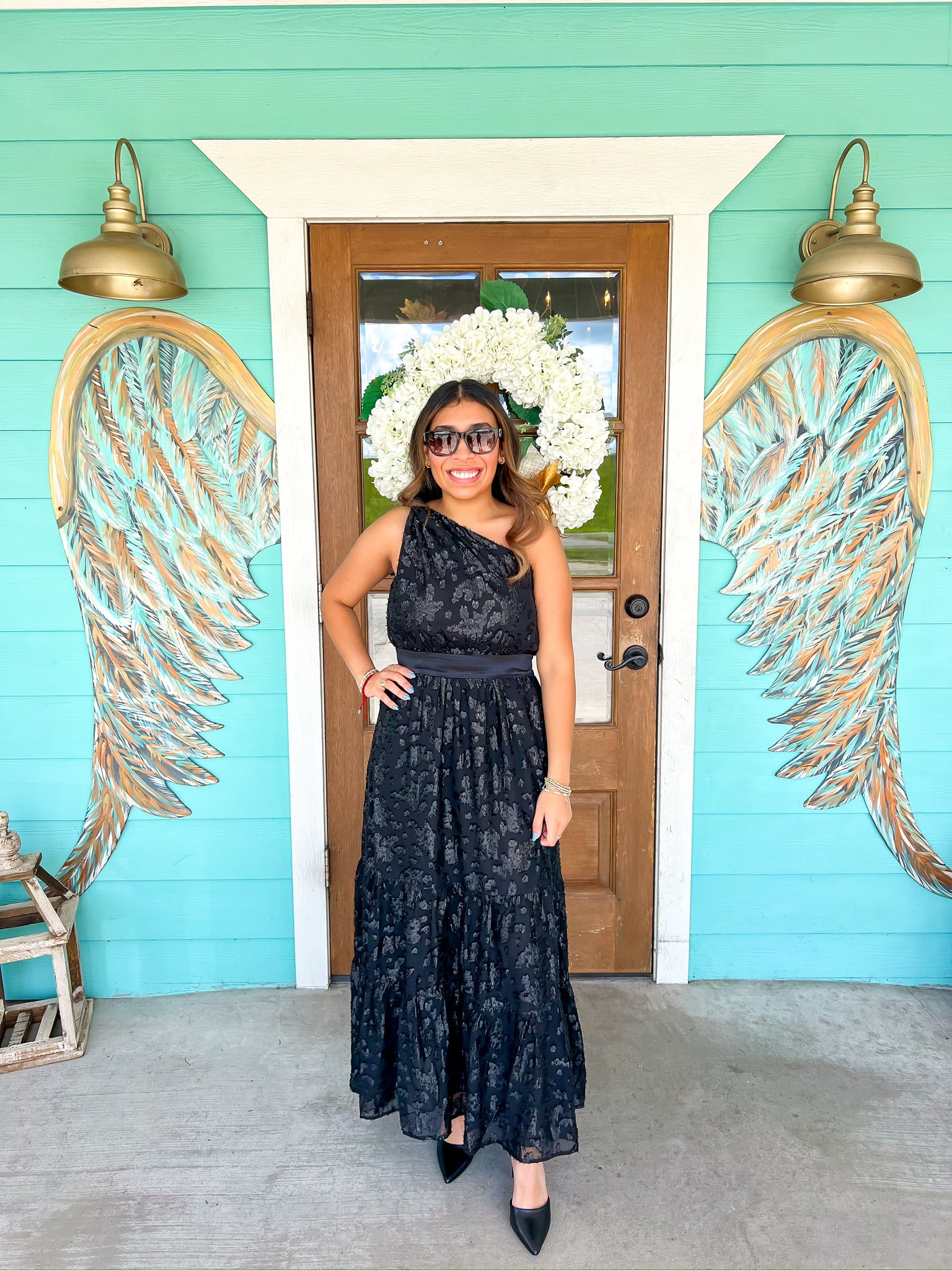 black chiffon one shoulder dress Chiffon One-Shoulder Maxi Dress with Circle Skirt