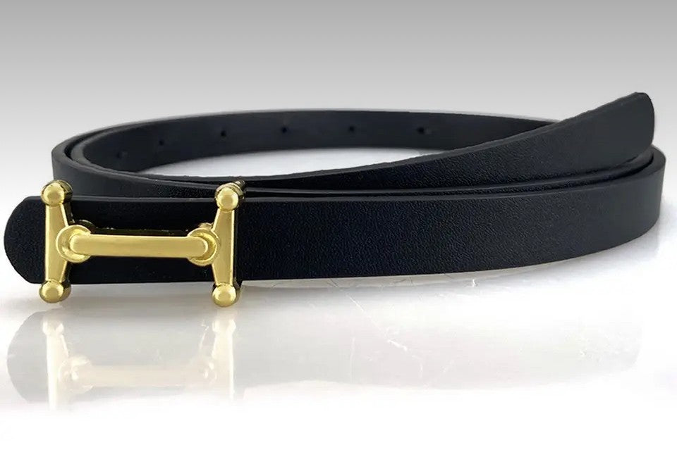 Black Thin Belt Gold Bar Buckle