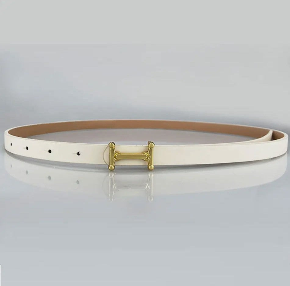White Thin Belt Gold Bar Buckle