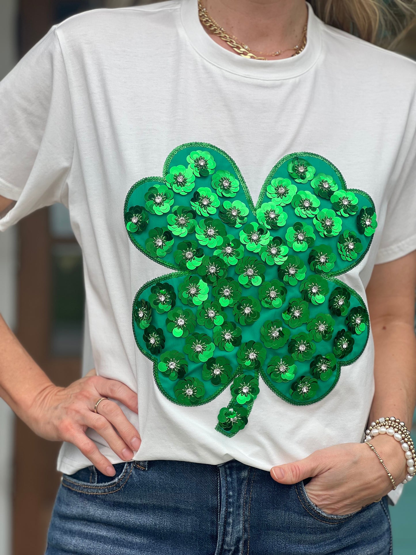 Queen of Sparkles Green Sequin Shamrock Tee