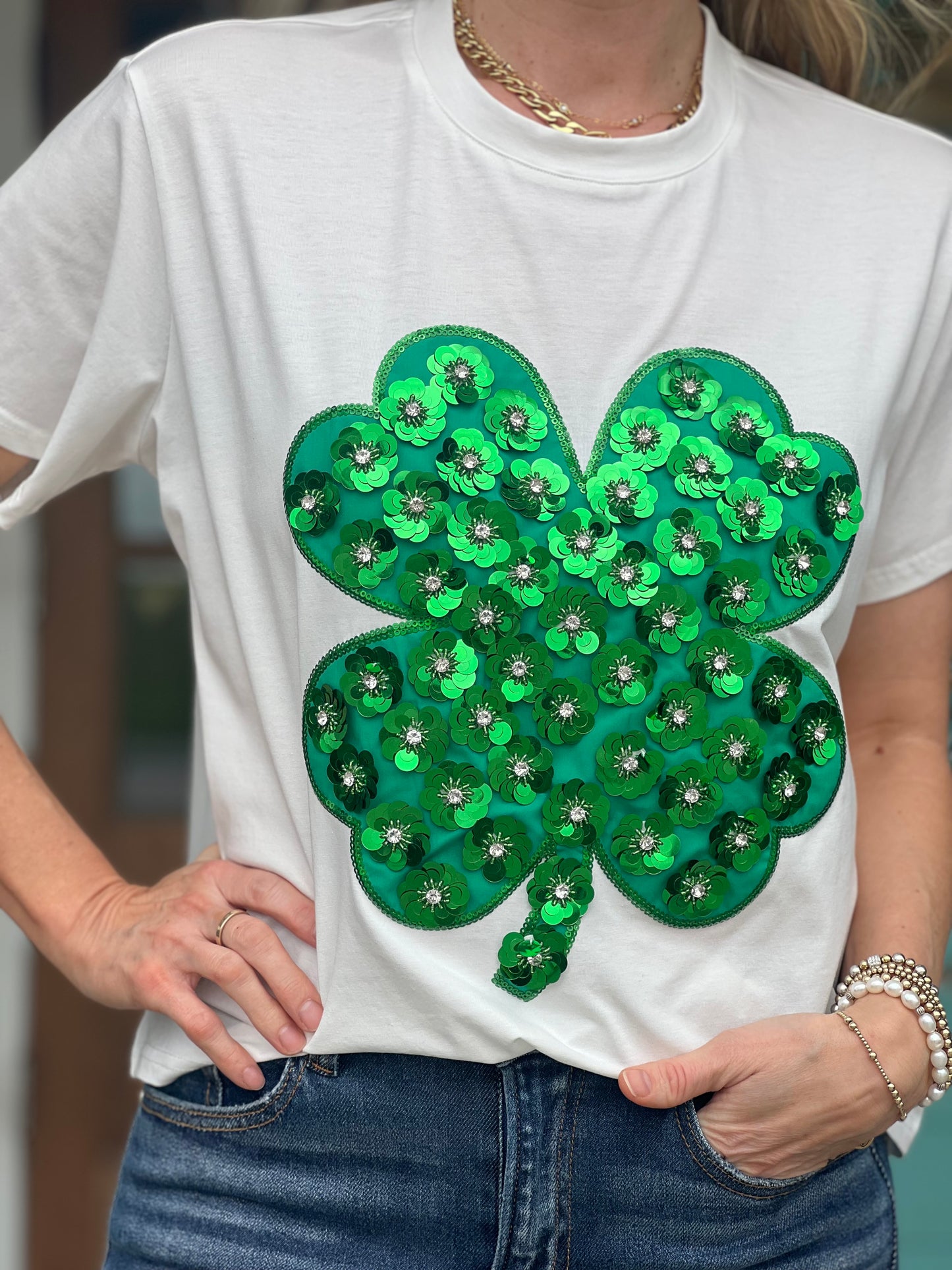 Queen of Sparkles Green Sequin Shamrock Tee