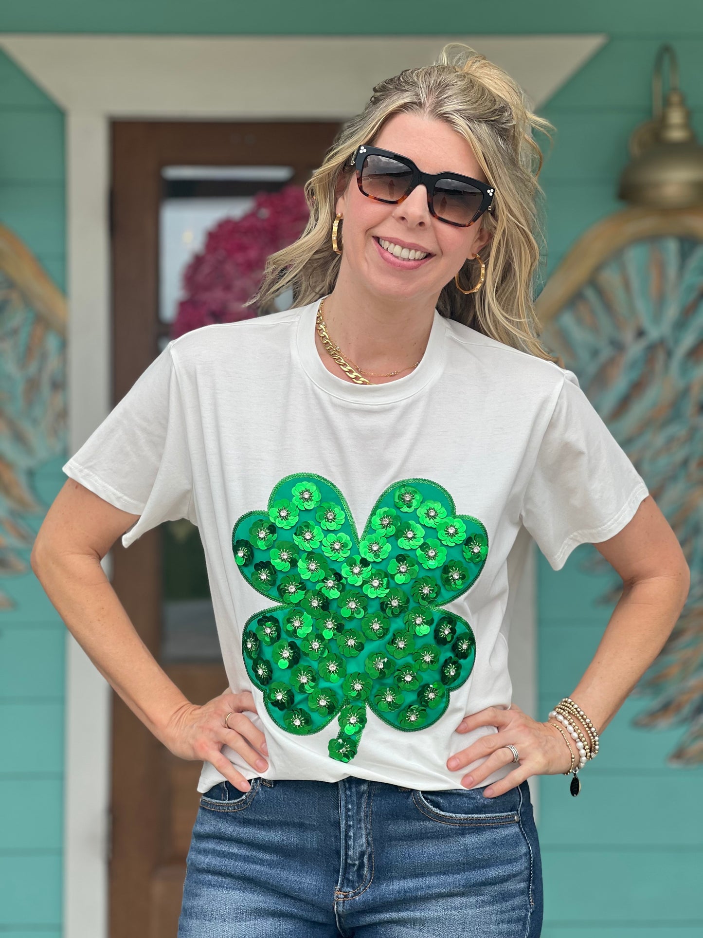 Queen of Sparkles Green Sequin Shamrock Tee