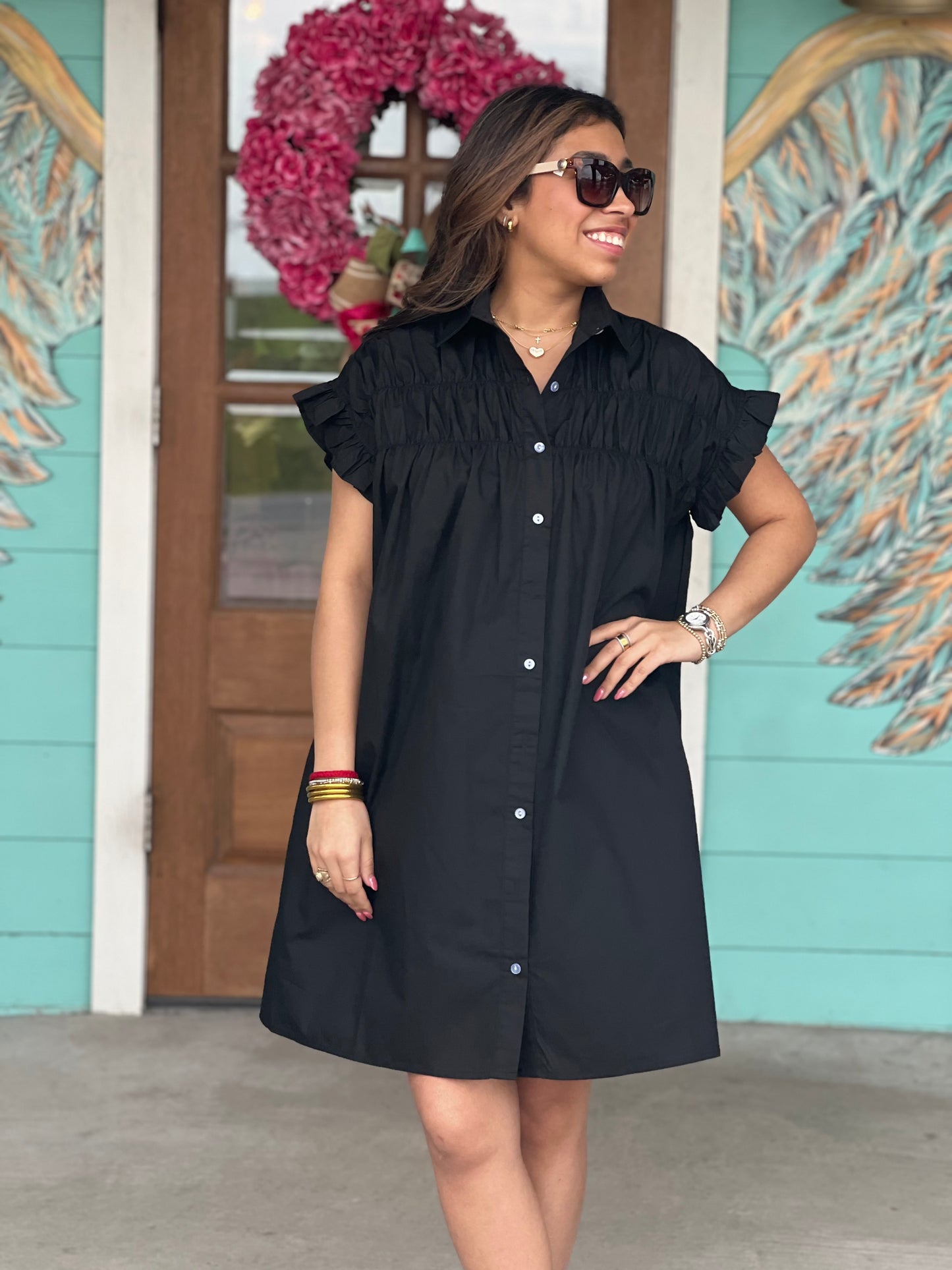 Abigail Black Woven Button Down Dress