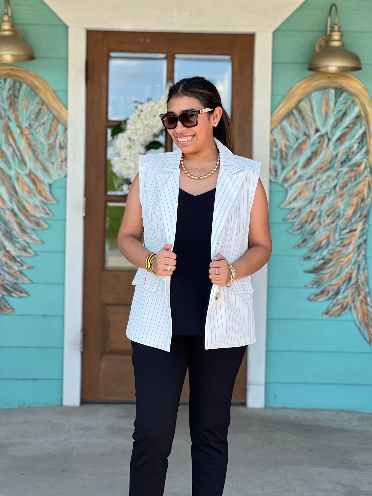 White Striped Notched Collar Vest