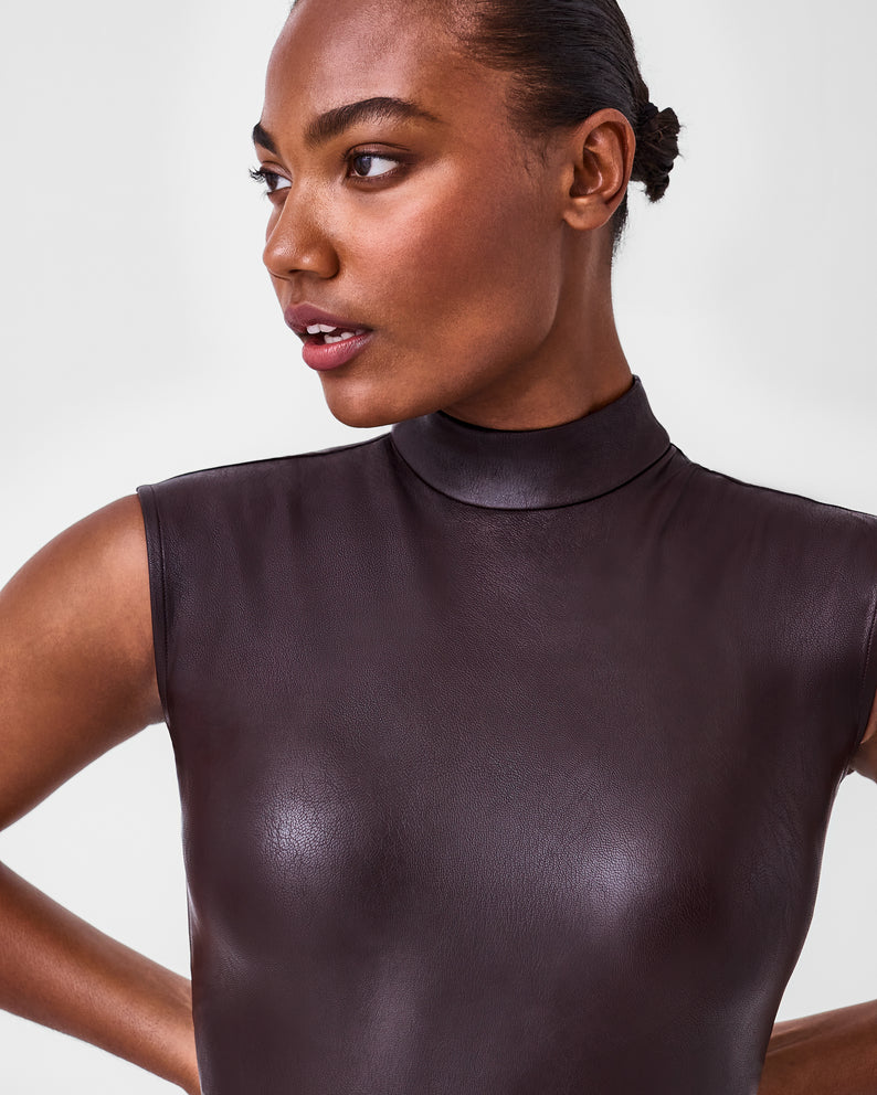 Spanx Chocolate Faux Leather Mock Neck Bodysuit