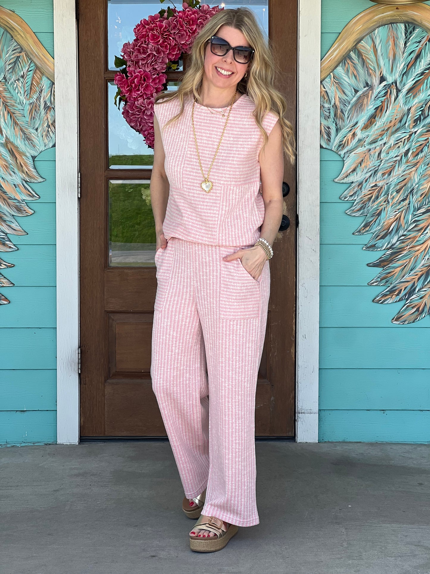 Pink & White Textured Knit Top