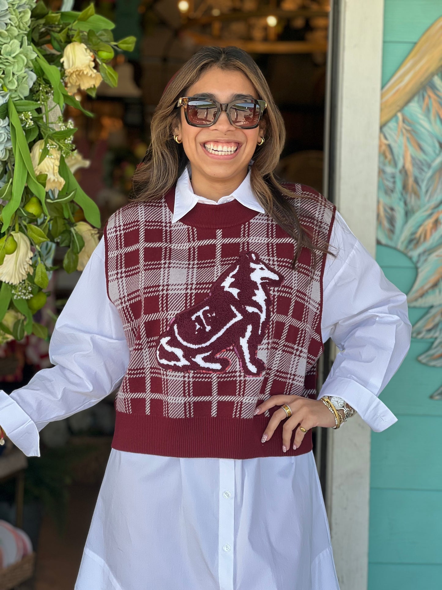 Queen of Sparkles Maroon Plaid A&M Vest