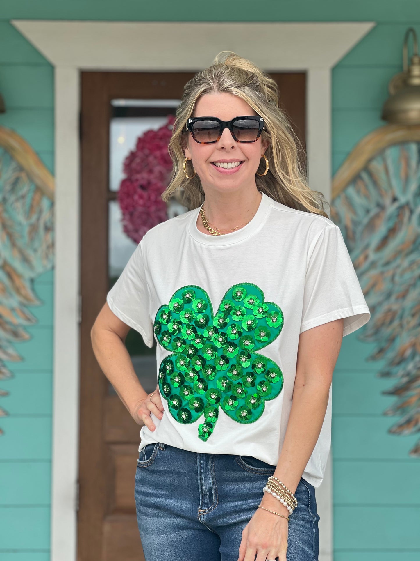 Queen of Sparkles Green Sequin Shamrock Tee