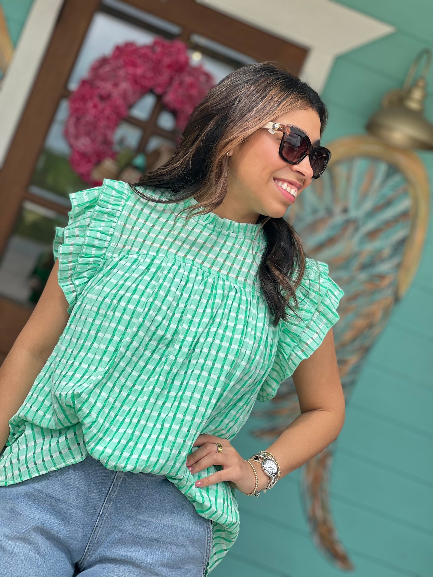 Green Checkered Seersucker Top