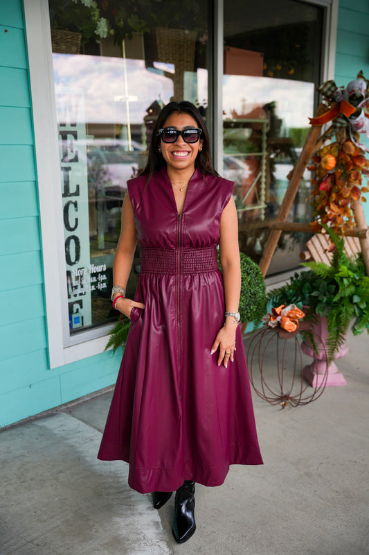 Burgundy Faux Leather Zip Front Dress