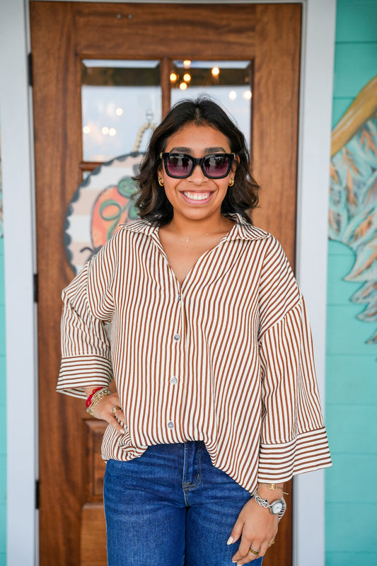Brown Striped 3/4 Sleeve Top