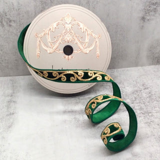 1in x 10yds Velvet Glitter Scroll Green Ribbon