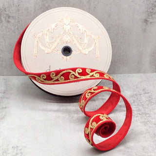 1in x 10yds Velvet Glitter Scroll Red Ribbon
