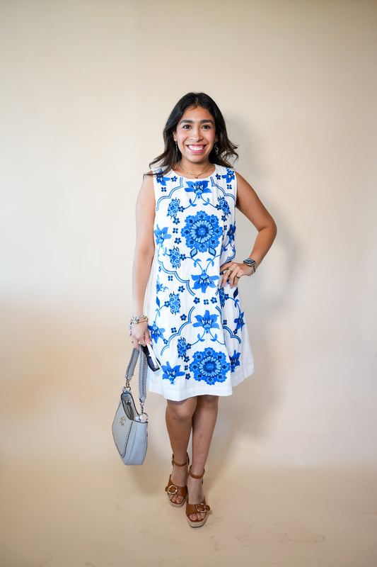 THML Blue Embroidered Sleeveless Dress