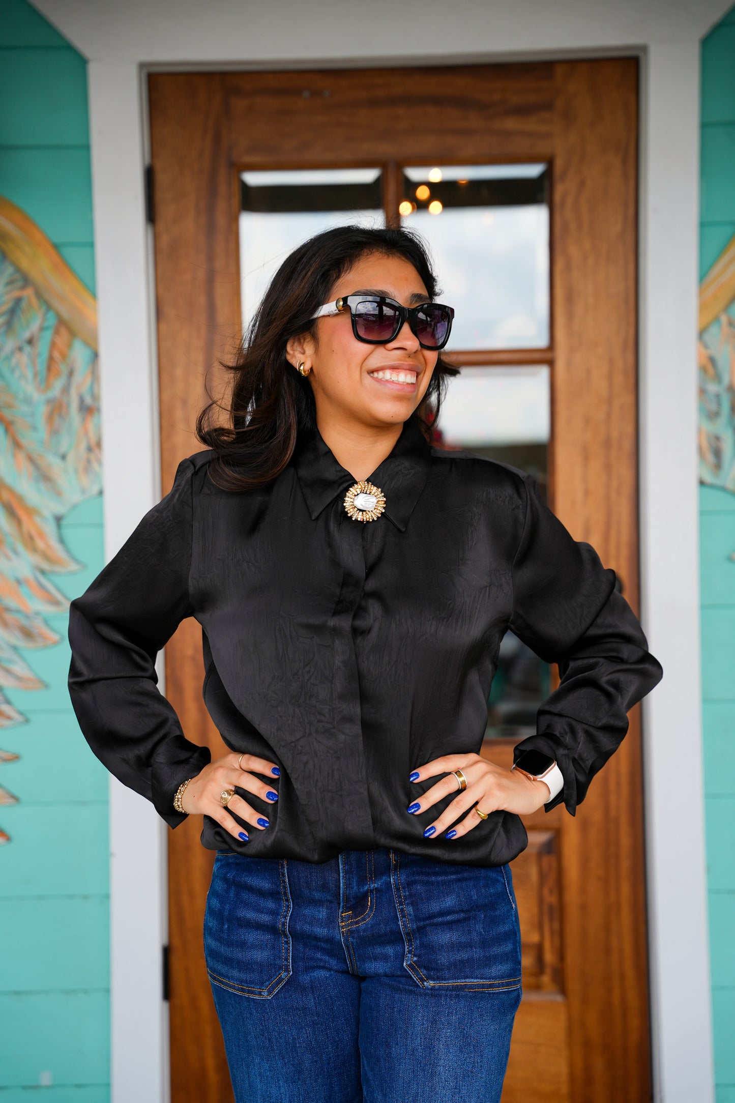 Brooche Button Black Long Sleeve Shirt