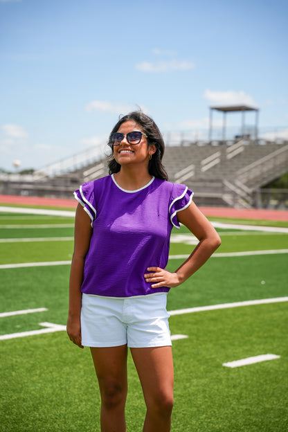 Purple Contrast Piping Ruffle Sleeve Top