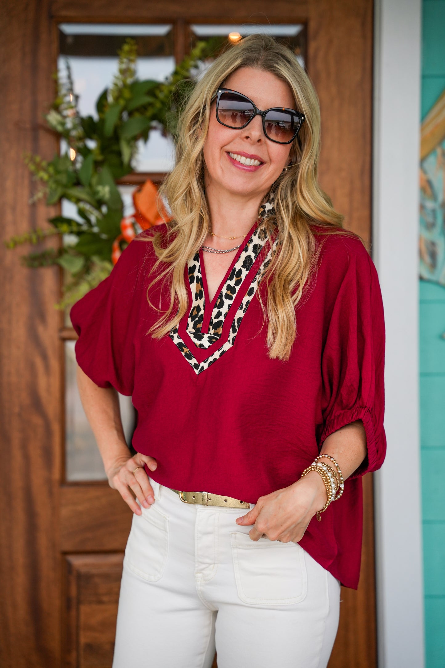 Garnet Leopard Trim Dolman Top