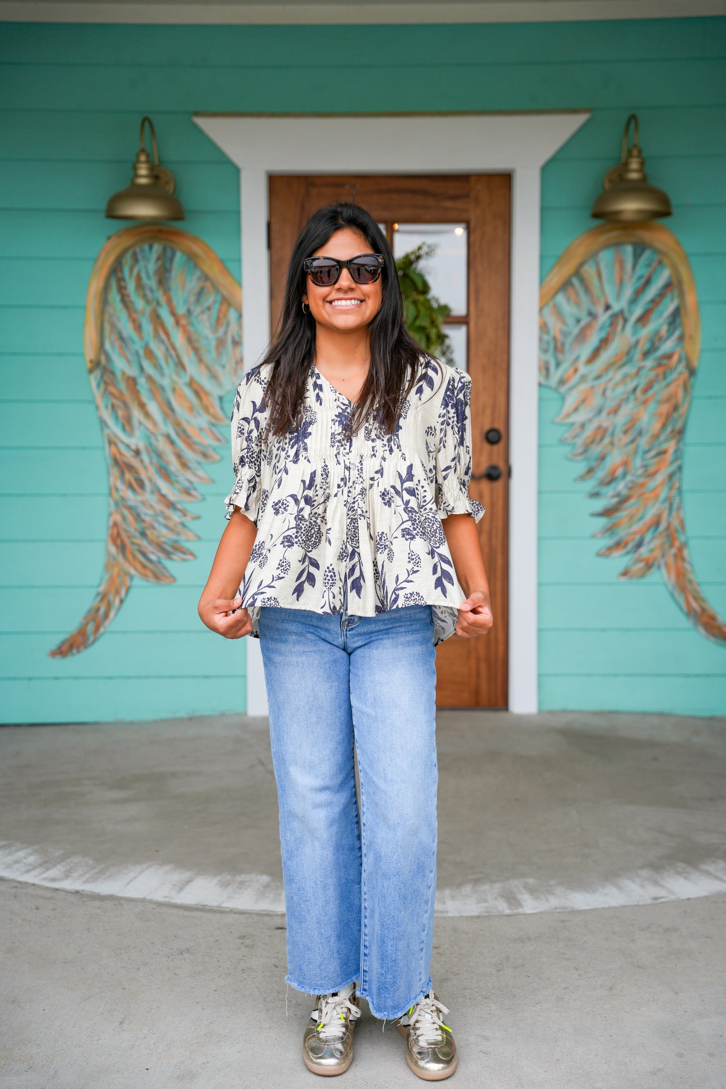 Navy Botanical Print Top
