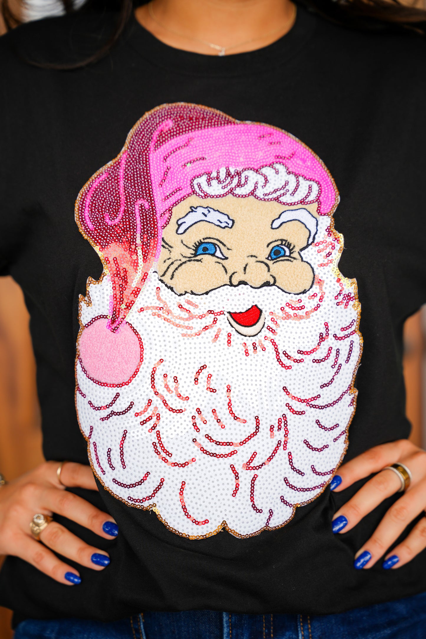 Sequin Chenille Santa Black Tee