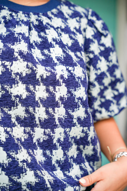 Navy Houndstooth Jacquard Top