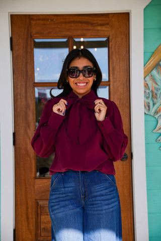 Wine Anastesia Neck Tie Detail Top
