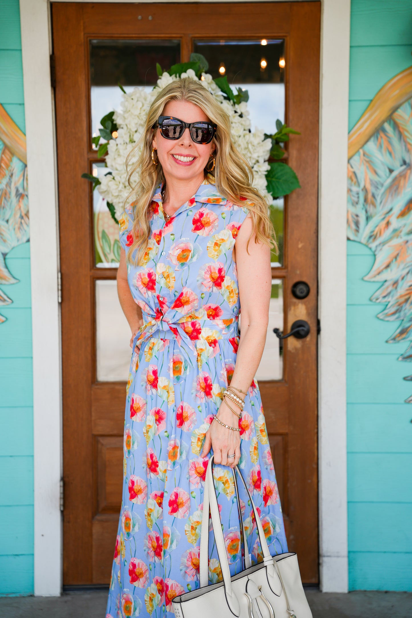 Blue Poppy Print Midi Dress