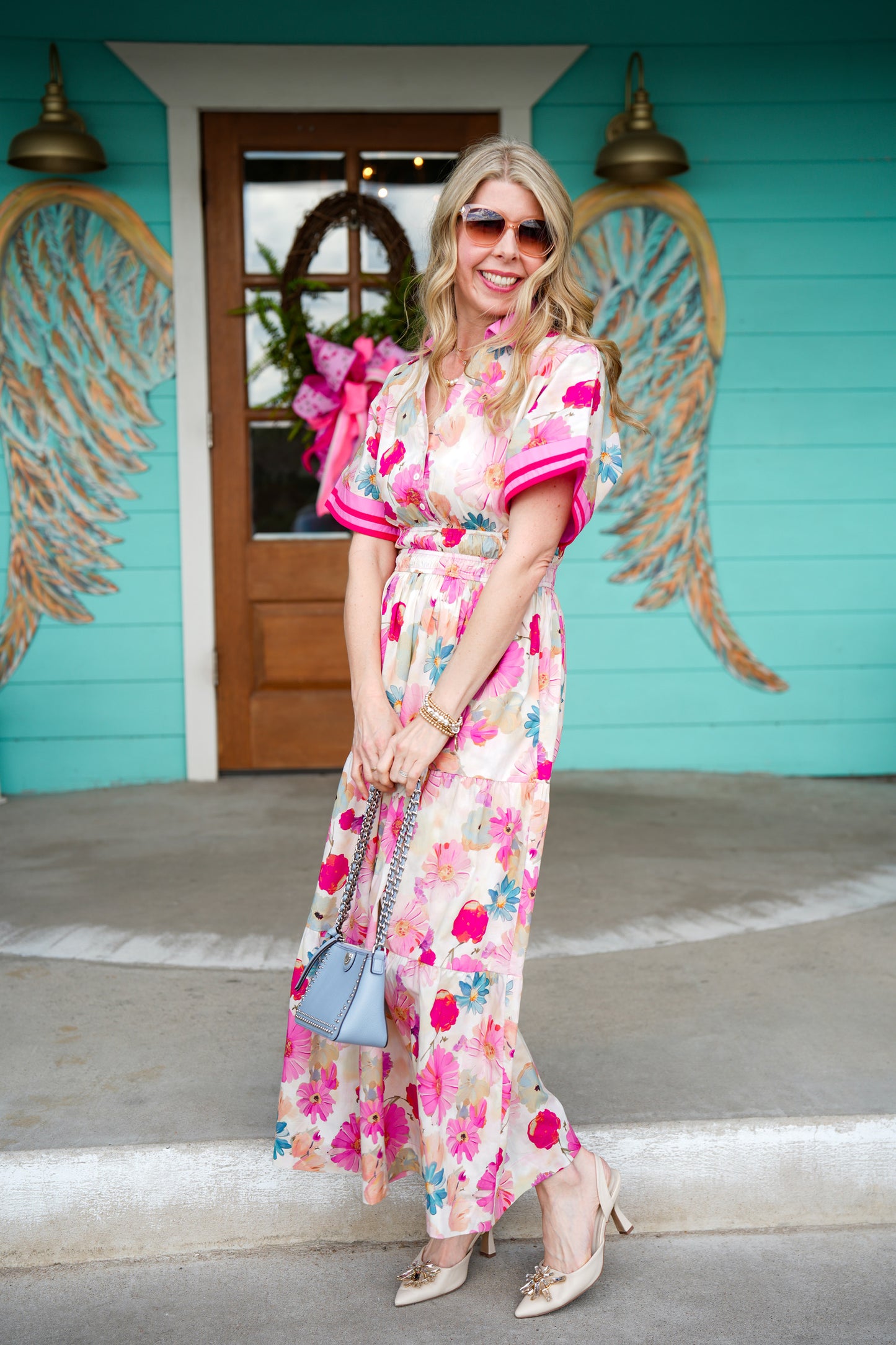 Pink Floral Print Tiered Maxi Dress